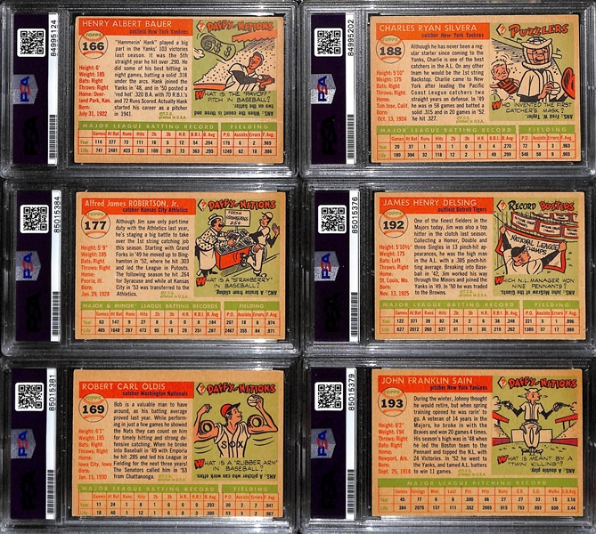 (6) 1955 Topps Signed Cards w. Hank Bauer, Charlie Silvera, Jim Robertson, Jim Delsing, Bob Oldis, and Johnny Sain. (PSA/DNA Certified)